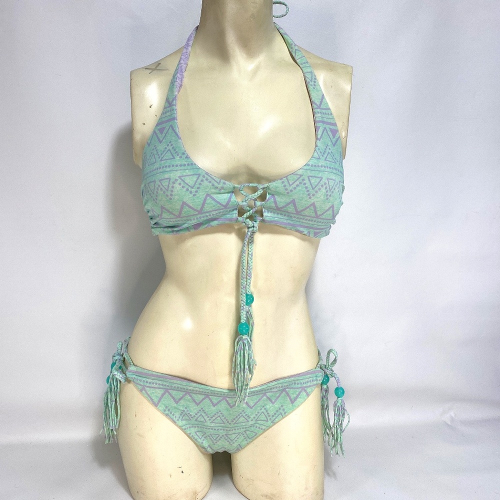 Victoria Secret Womens Reversible Bikini Small Mint Purple Tie Tassels Aztec